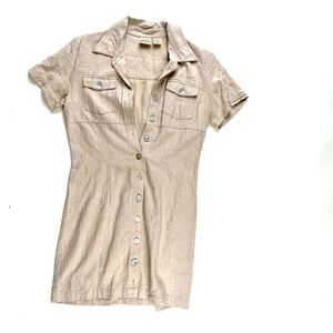 Beige Button-Up linen Shirt Dress